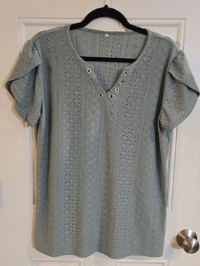 Eyelet Knit V-Neck Top in Sage Green